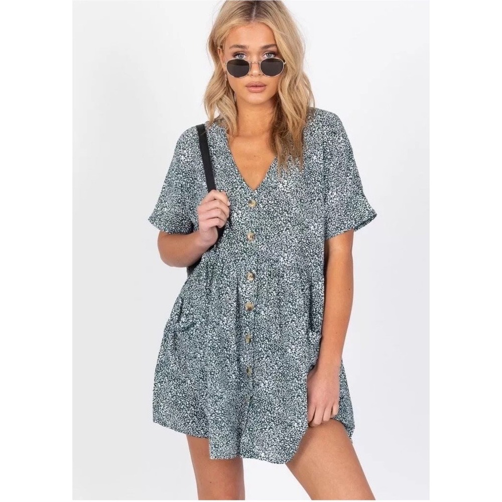Princess Polly Noname Green White Floral Mini Shirt Dress Women's Oversized SZ 0